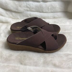 Spenco Oasis leather brown slides wedge sandals with extended side elastic SZ7